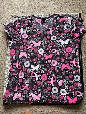 WonderWink Black Top with Pink and White Ribbon & Butterfly Print
